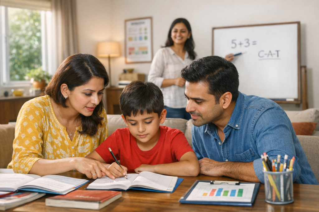 Parent reviewing homework with child to identify learning gaps in Chandigarh